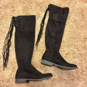 Black suede over the knee fringe boots